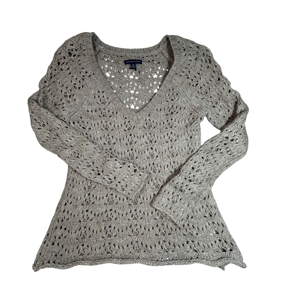 American Eagle Sweater Taupe Pointelle Knit V-Neck Boho Cottagecore Small